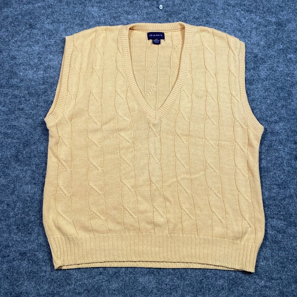 Gant Mens‎ Yellow Cable Knit V-Neck Sweater Vest 100% Cotton Made in USA XLT